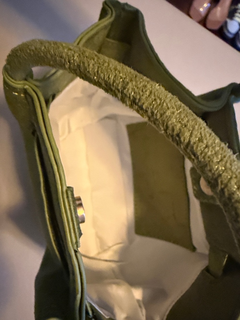 New Olive Green Mini Faux Suede Top-Handle Bucket Bag W/ strap - Picture 3 of 9